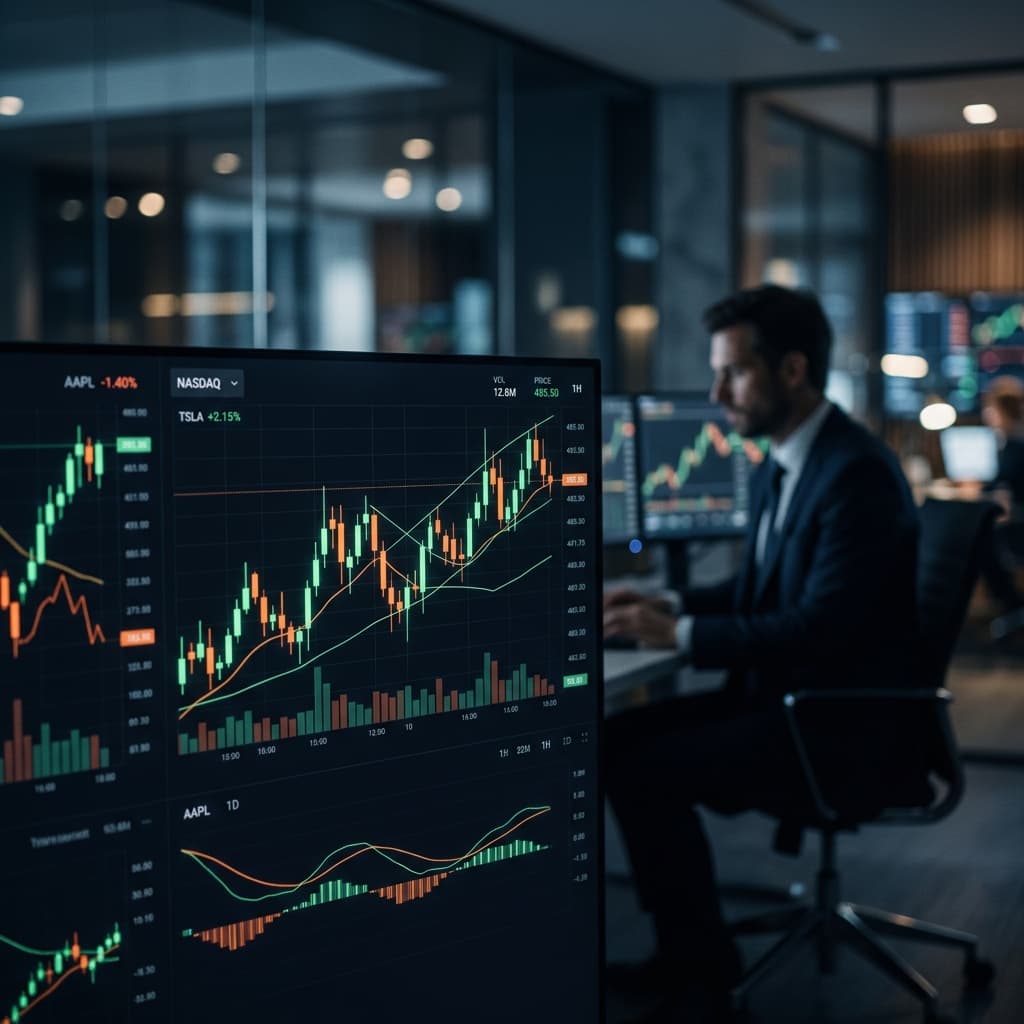 Trading desk with live market charts and analysis screens
